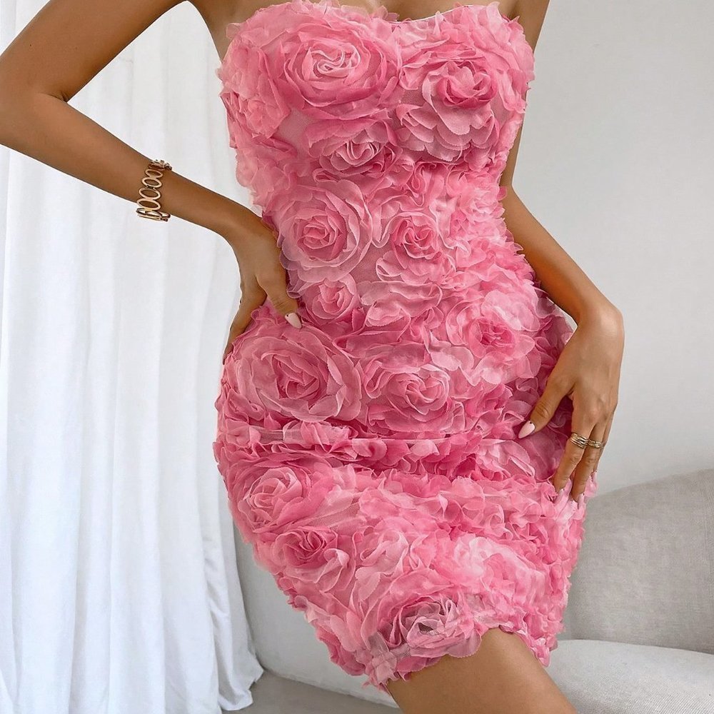 Pink Preppy Womens Floral Appliques Tube Bodycon Dress - Picture 7 of 8